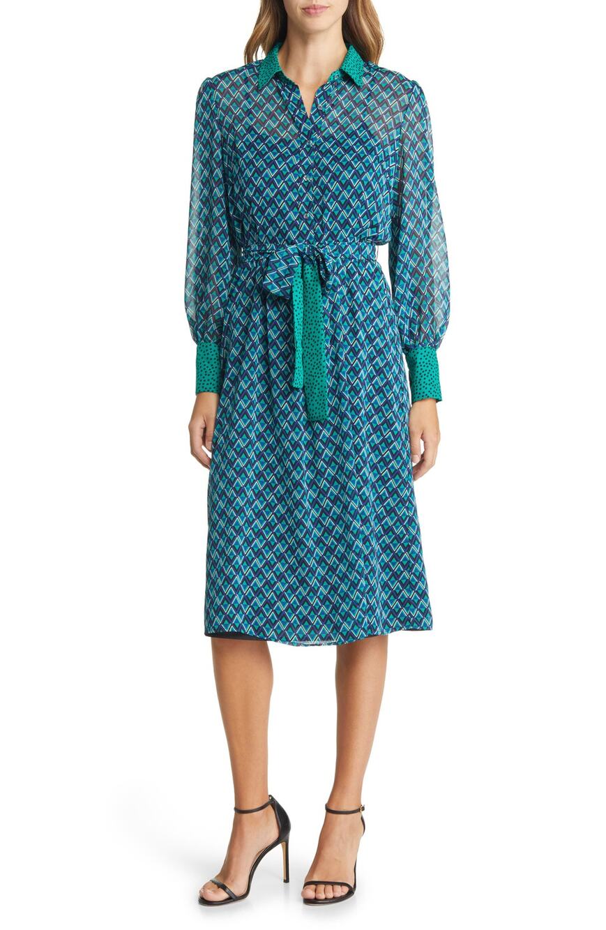 Tahari Asl Patterned Black Jade Cobalt Twin Print Dress Size 12